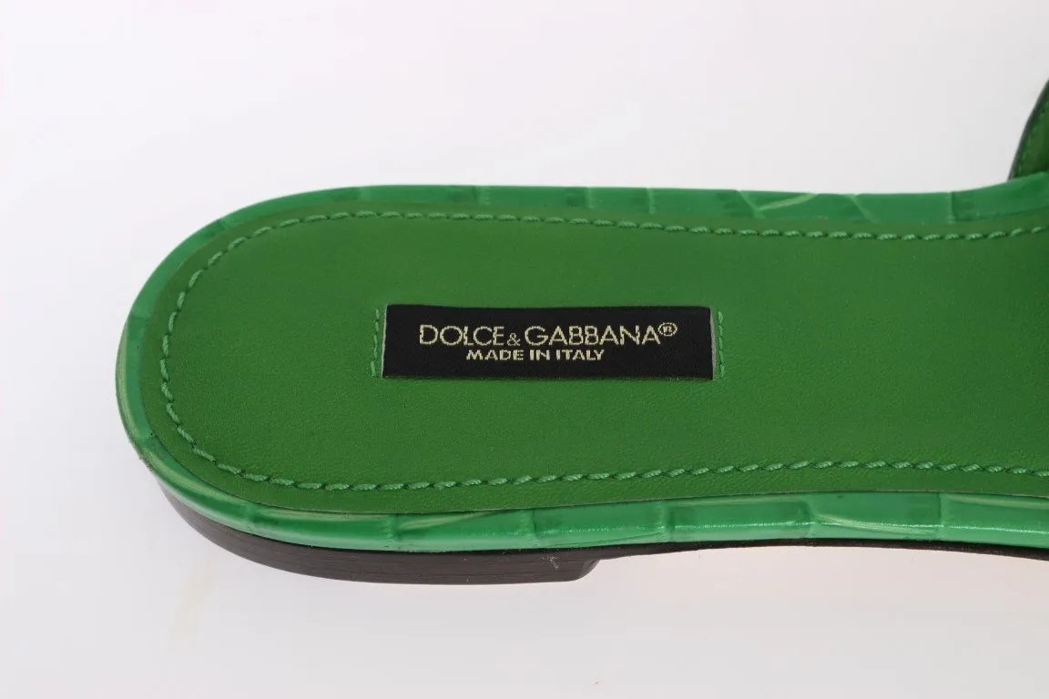Green Wool Crocodile Flat Sandals