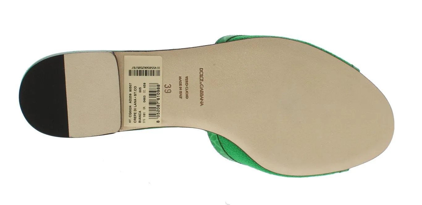 Green Wool Crocodile Flat Sandals