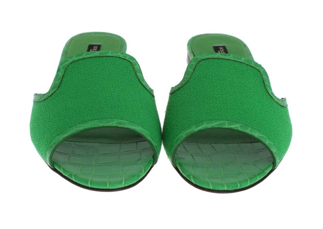 Green Wool Crocodile Flat Sandals