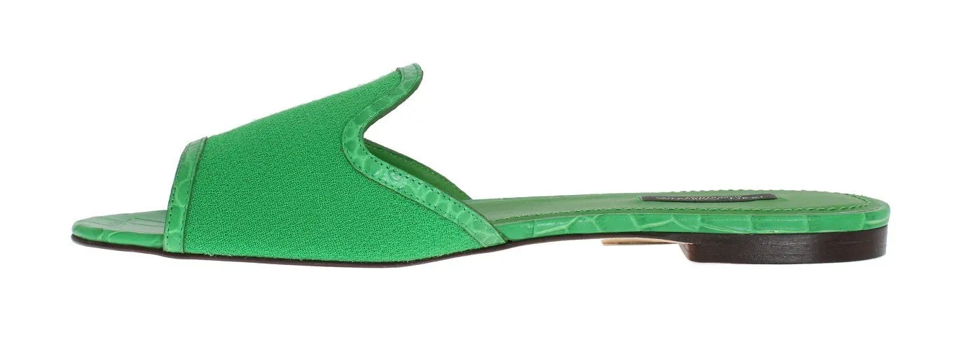 Green Wool Crocodile Flat Sandals