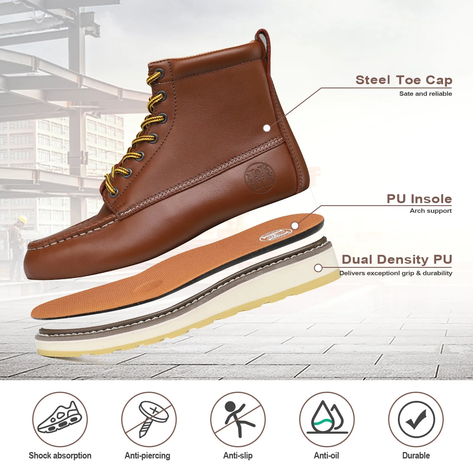 HANDPOINT 84992 Men's 6" Leather Slip Resistant Durability Steel Toe Work Boots