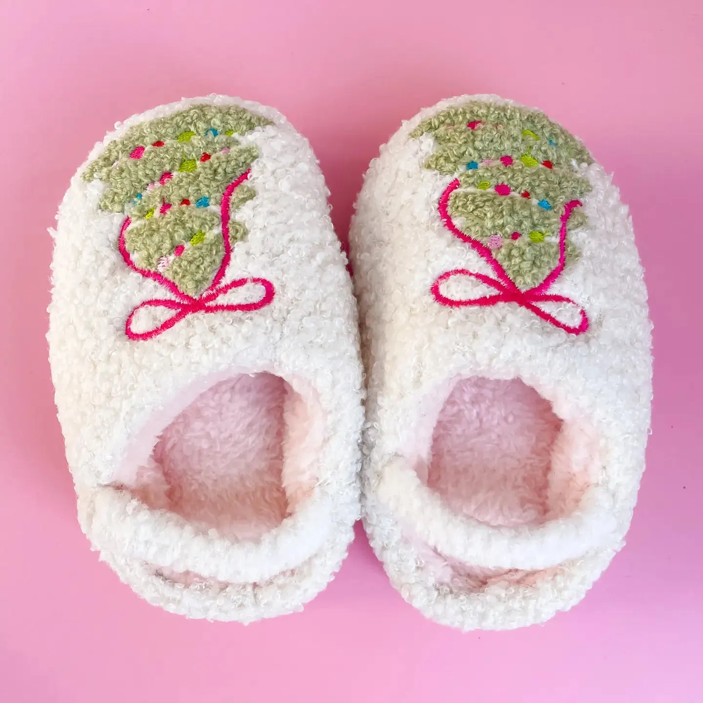 Kids Pink Bow Christmas Tree Slippers