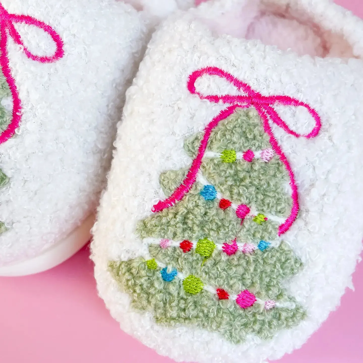 Kids Pink Bow Christmas Tree Slippers