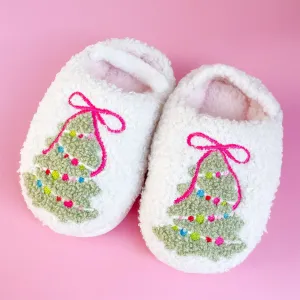 Kids Pink Bow Christmas Tree Slippers