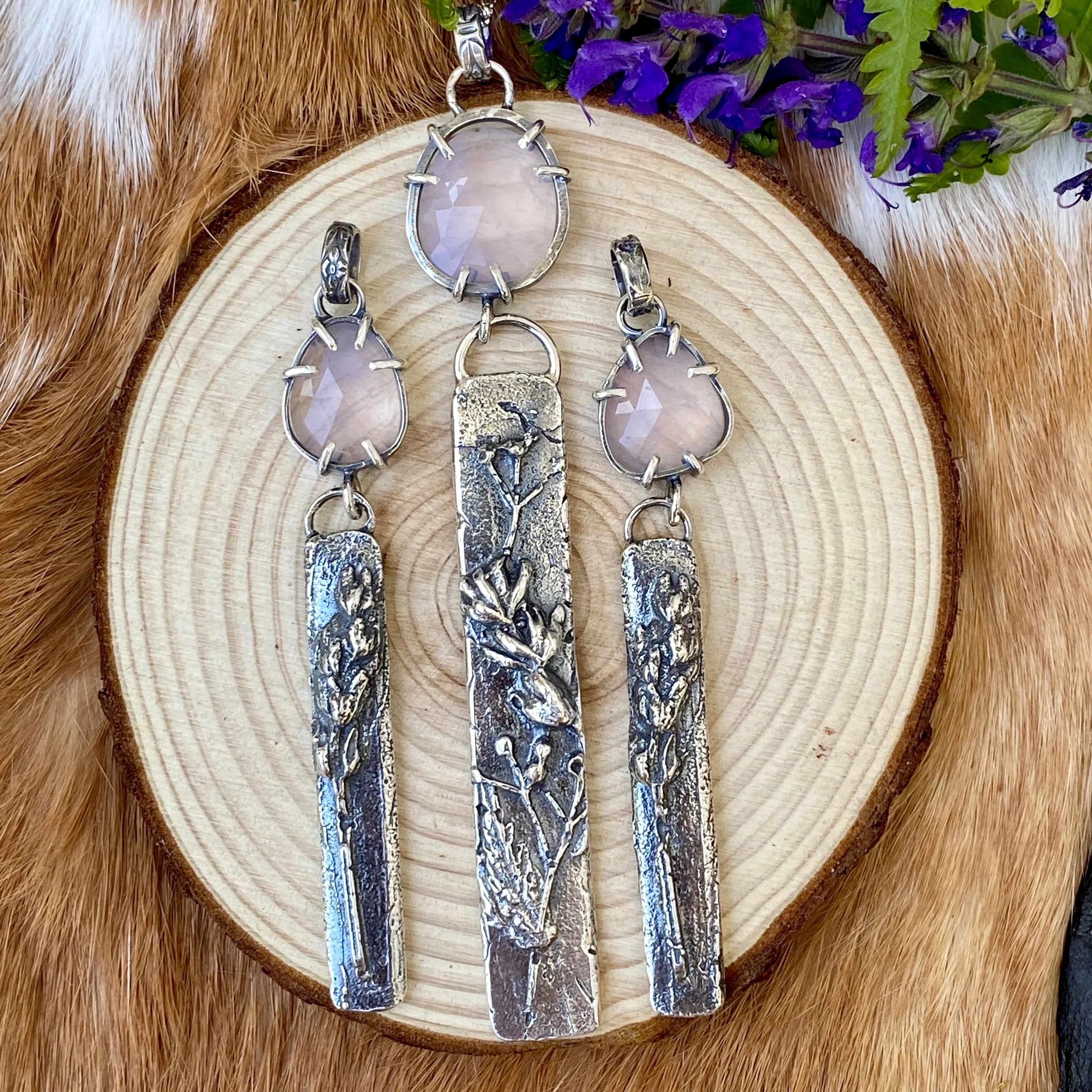 Lavender Quartz and hand cast Botanical Sprig Sterling Silver Necklace