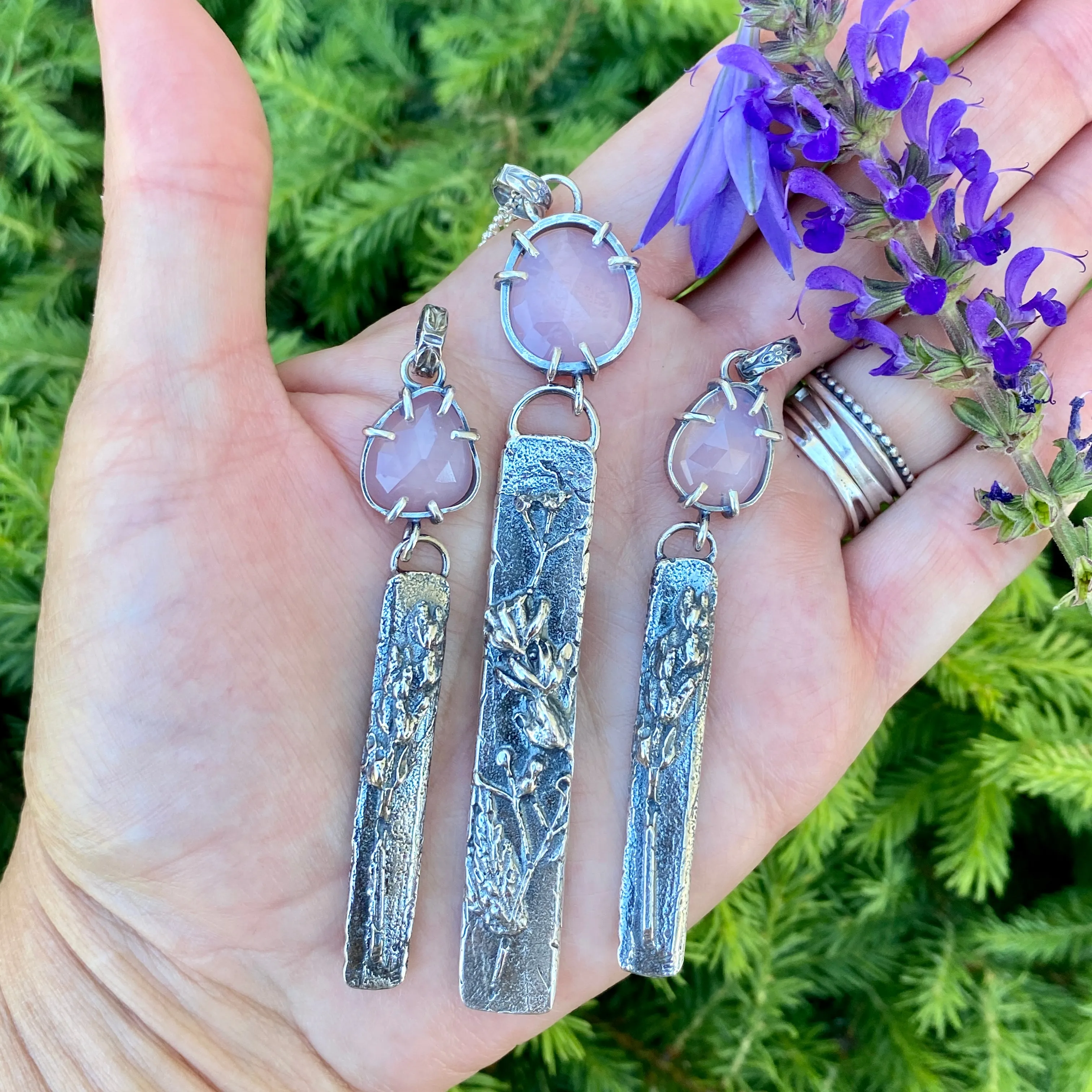 Lavender Quartz and hand cast Botanical Sprig Sterling Silver Necklace