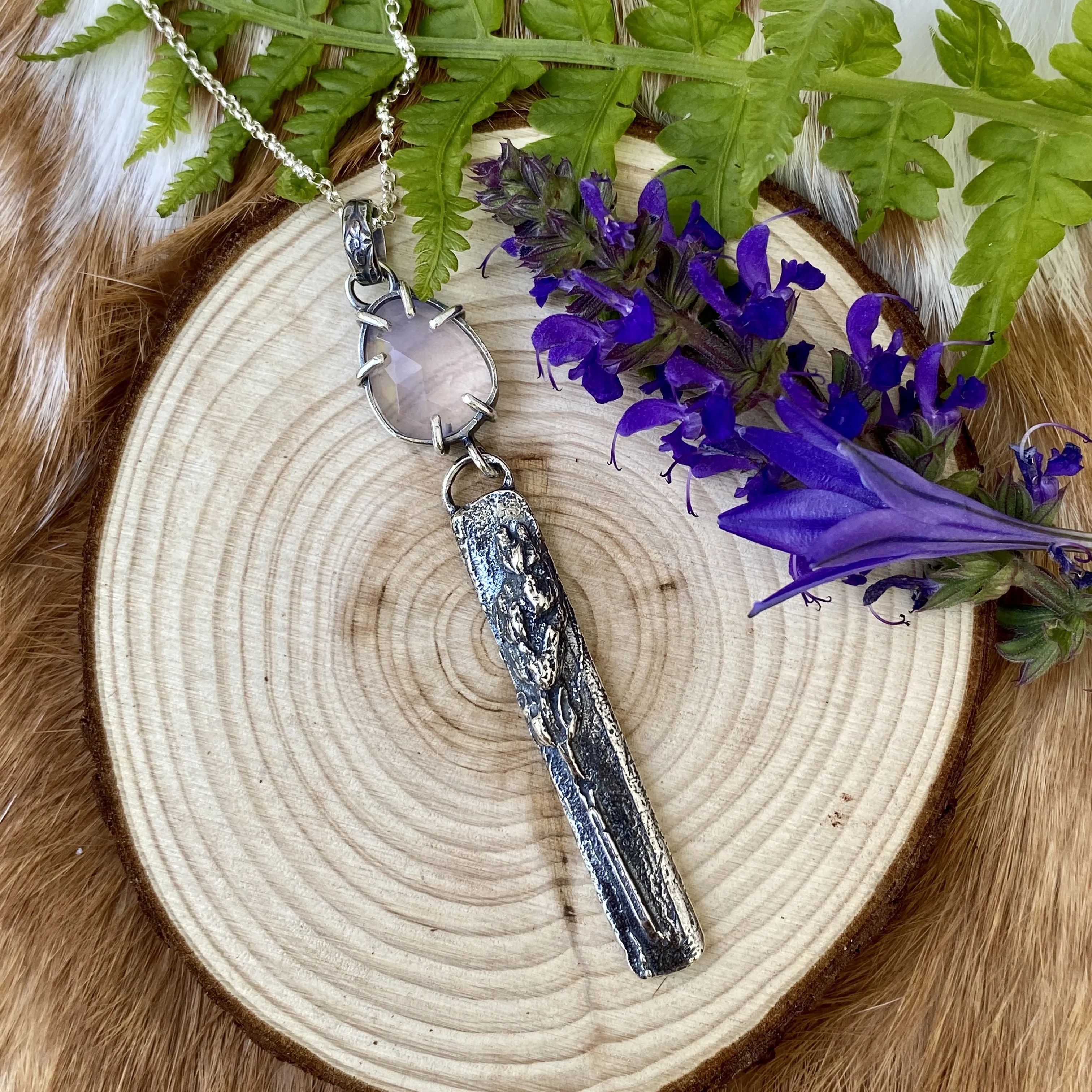Lavender Quartz and hand cast Botanical Sprig Sterling Silver Necklace