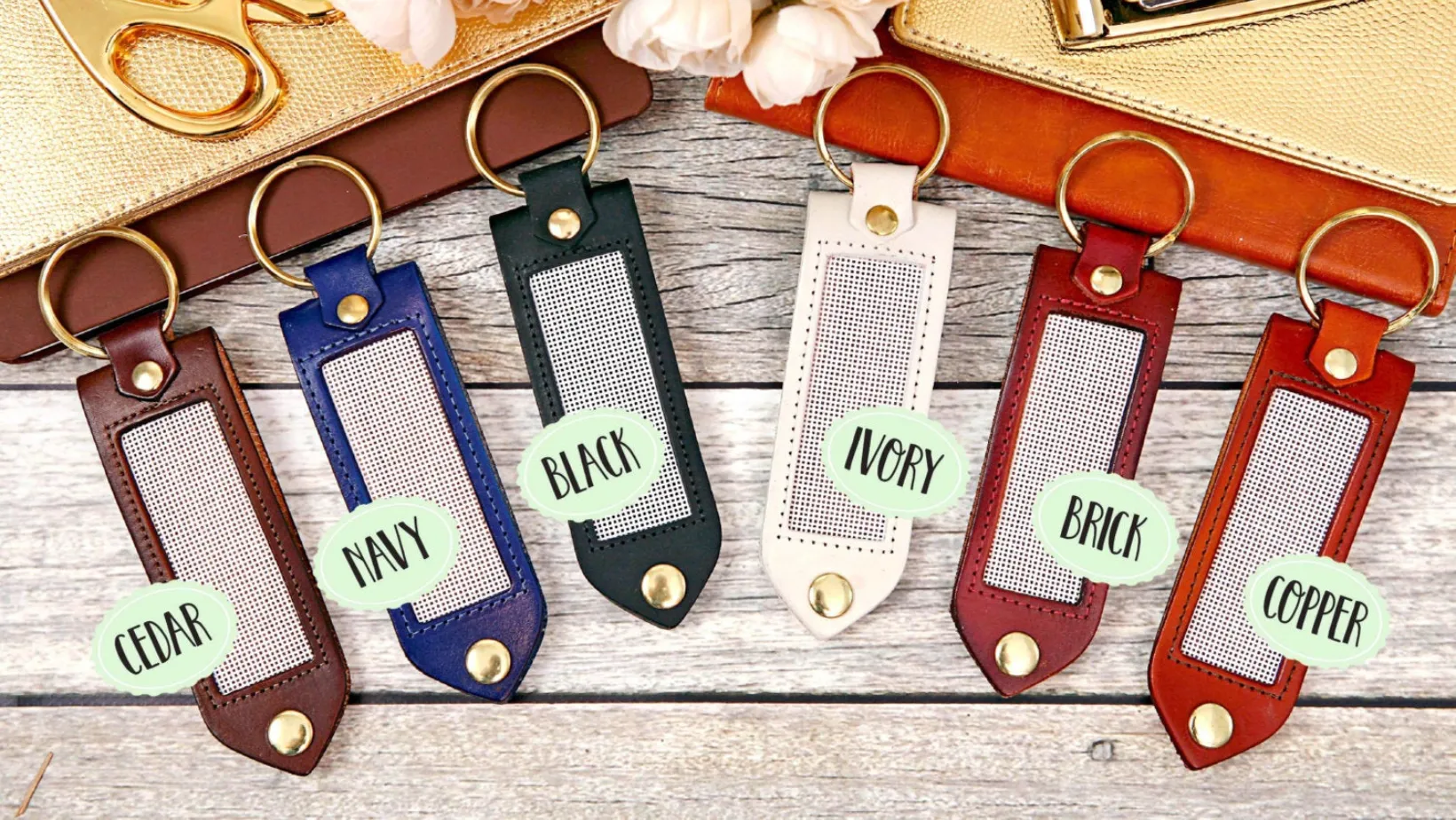 Leather, Needlepoint Keychain - Circle Monogram Keychain