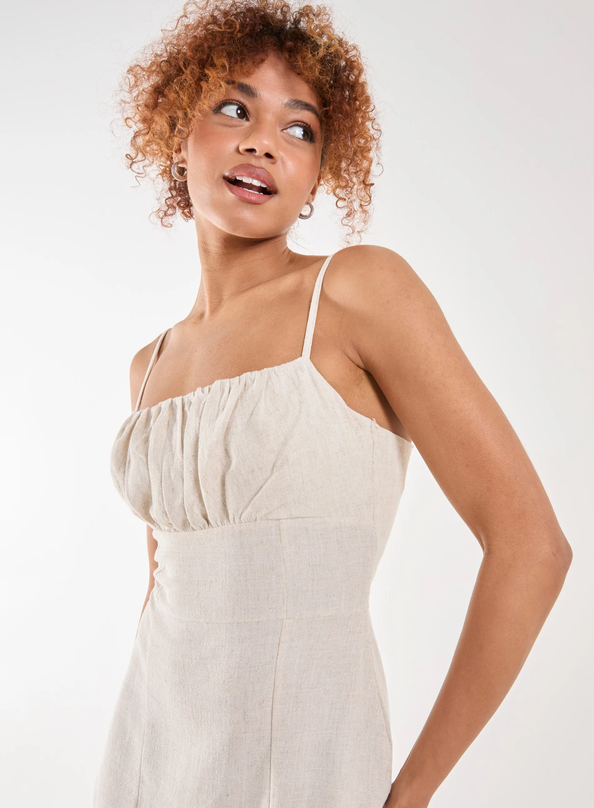 Linen Ruched Strappy Mini Dress