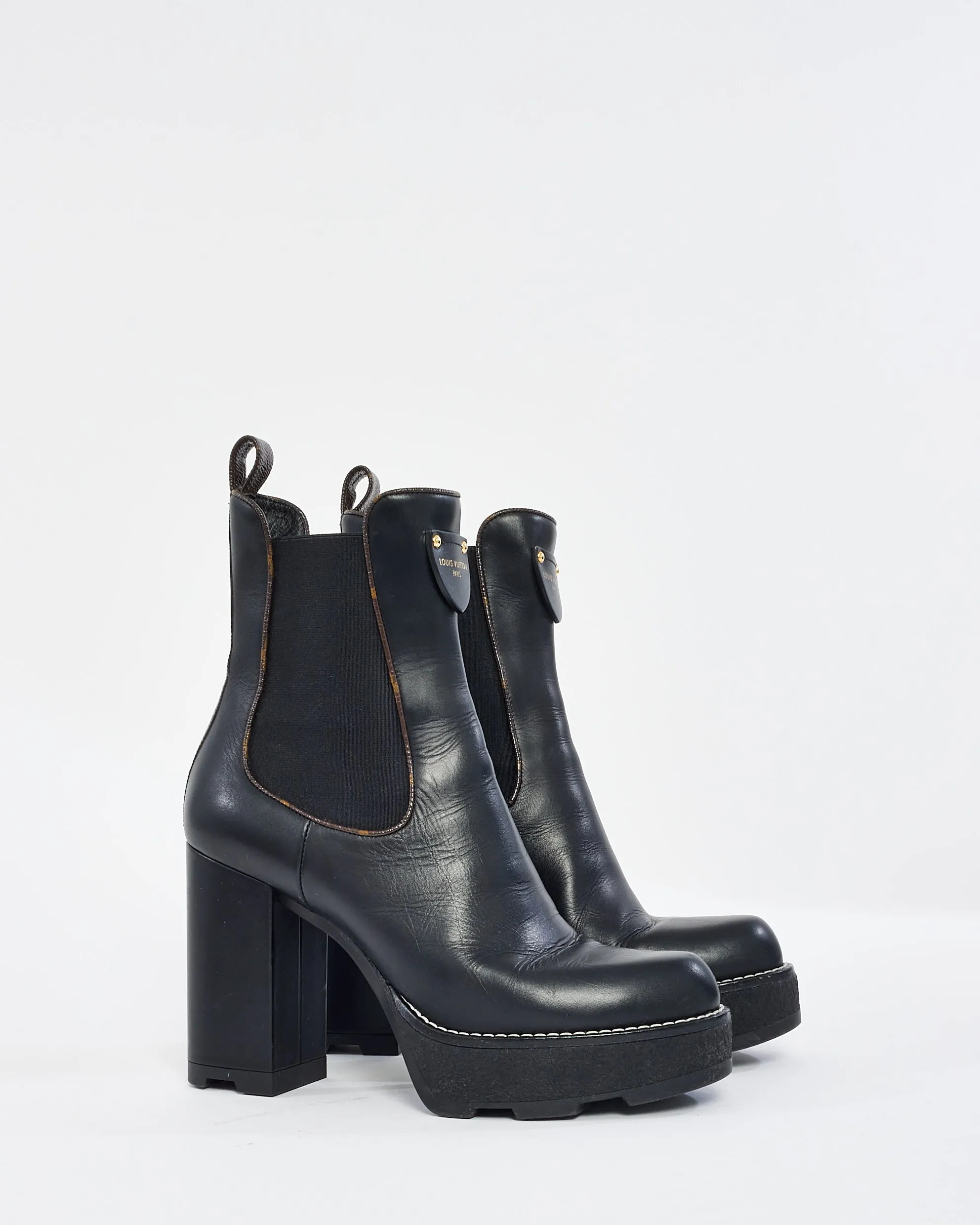 Louis Vuitton Black Leather & Monogram Beaubourg Heeled Ankle Boot - 39