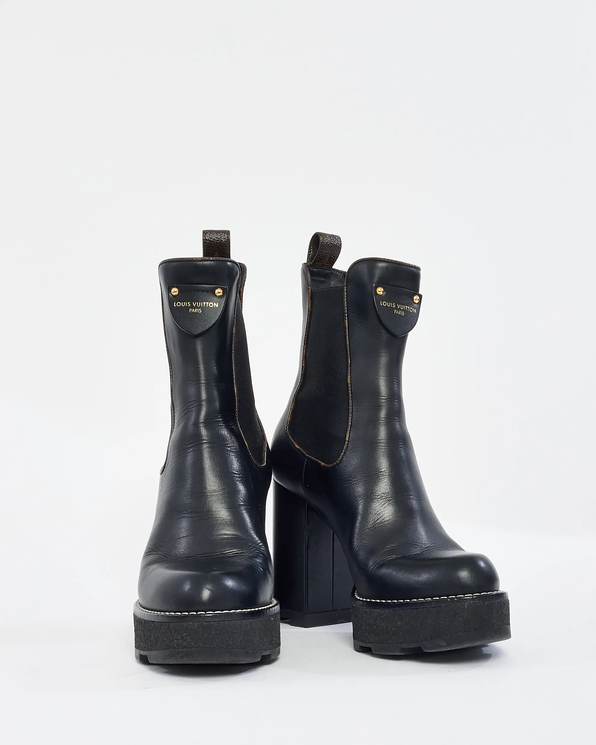 Louis Vuitton Black Leather & Monogram Beaubourg Heeled Ankle Boot - 39