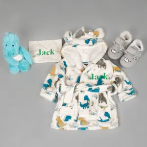 Lulabay baby boys 3 piece personalised dinosaur gown, slippers and dinosaur gift set