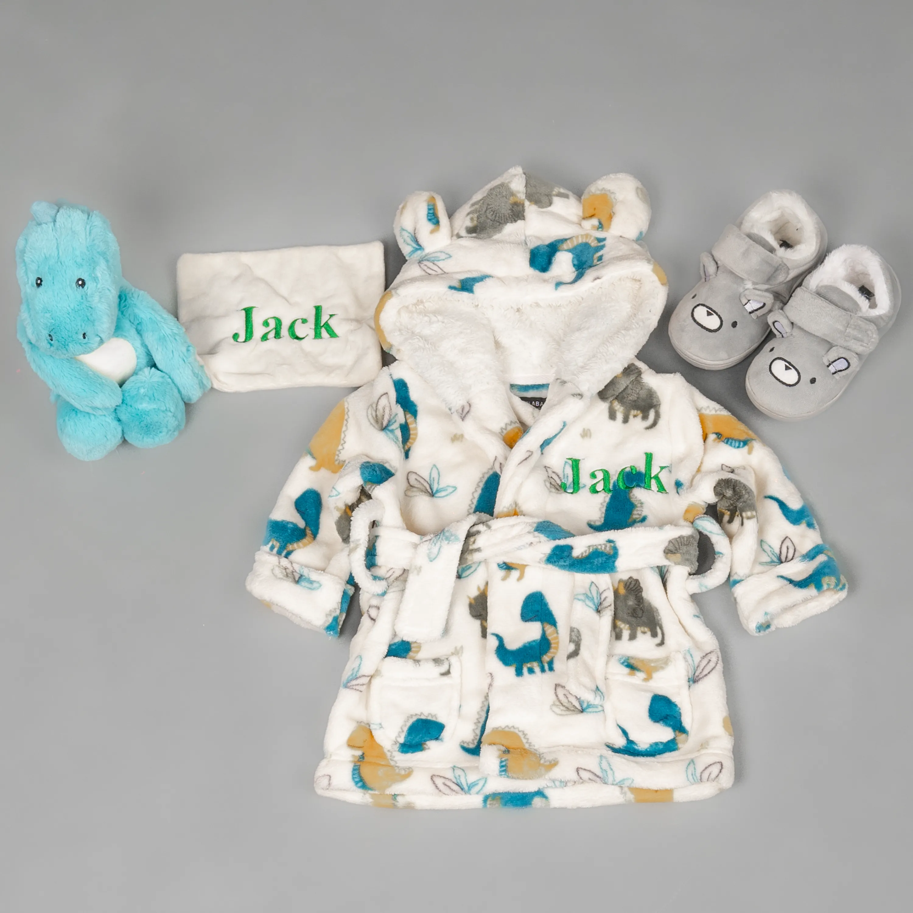 Lulabay baby boys 3 piece personalised dinosaur gown, slippers and dinosaur gift set