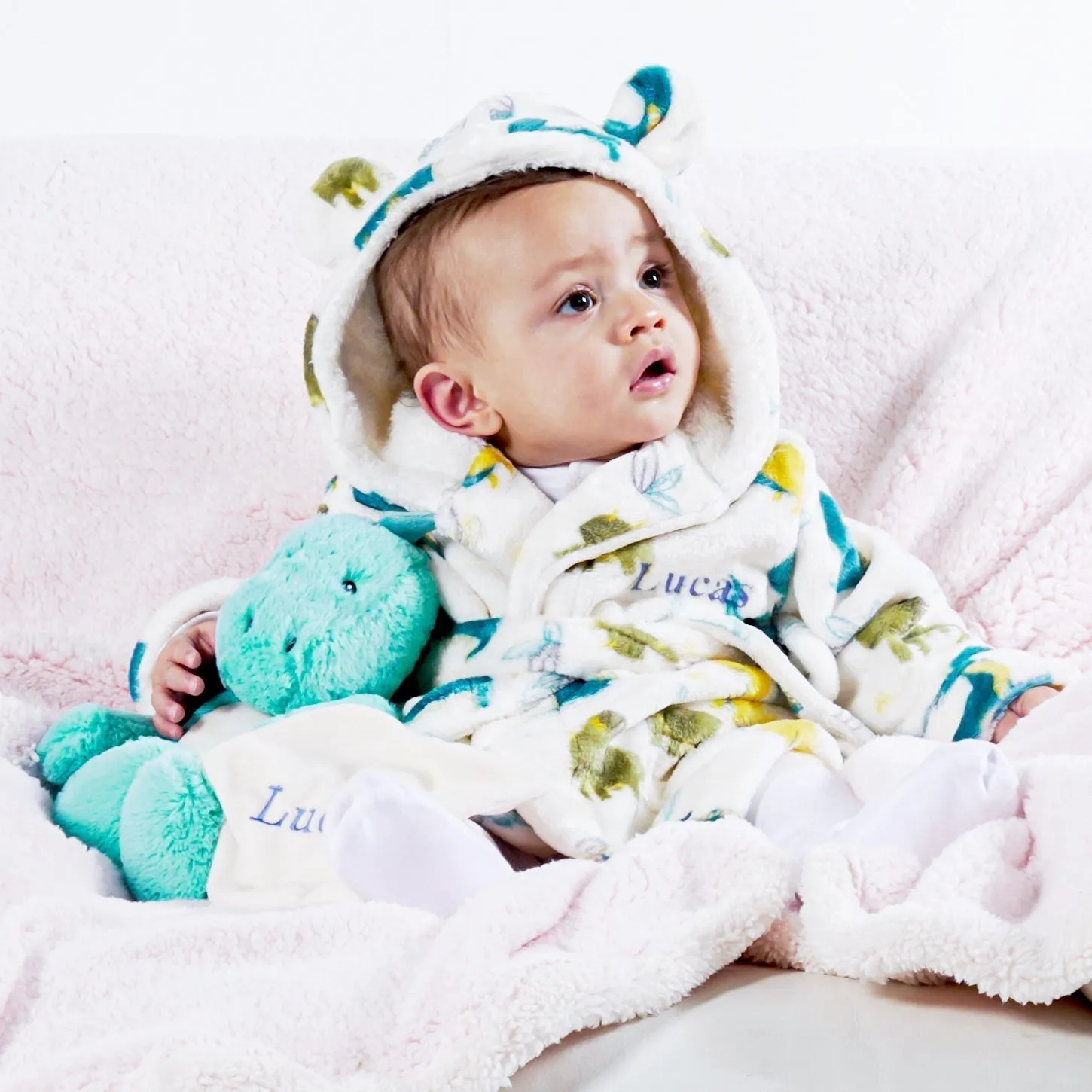 Lulabay baby boys 3 piece personalised dinosaur gown, slippers and dinosaur gift set