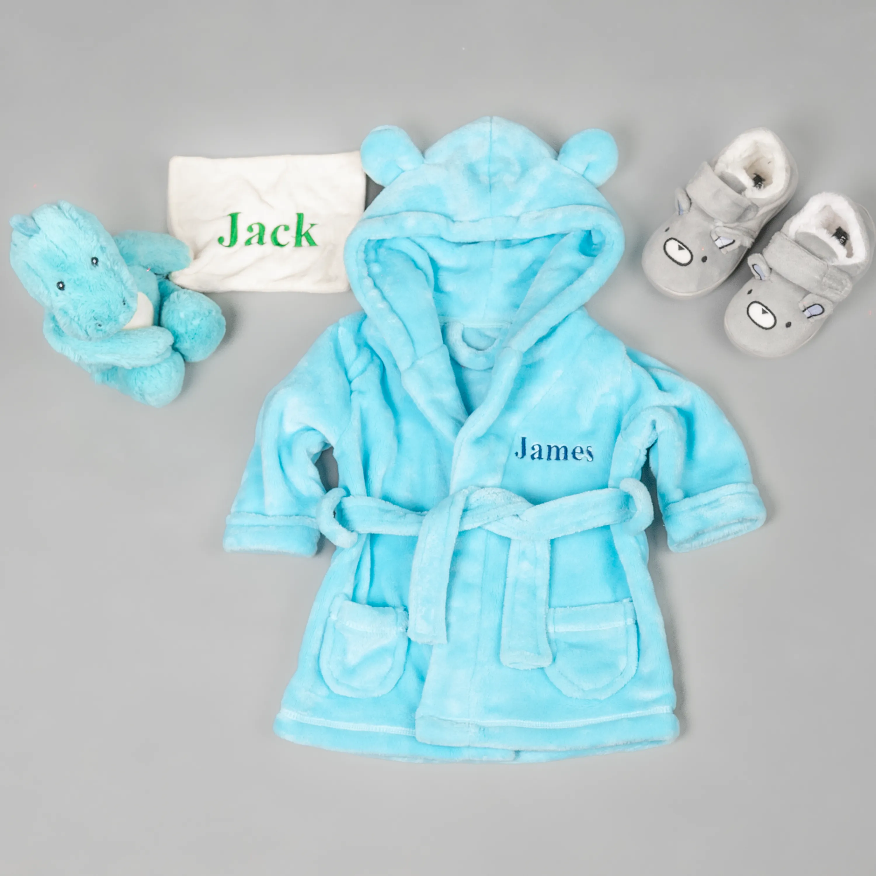 Lulabay baby boys 3 piece personalised gown, slippers and dinosaur gift set