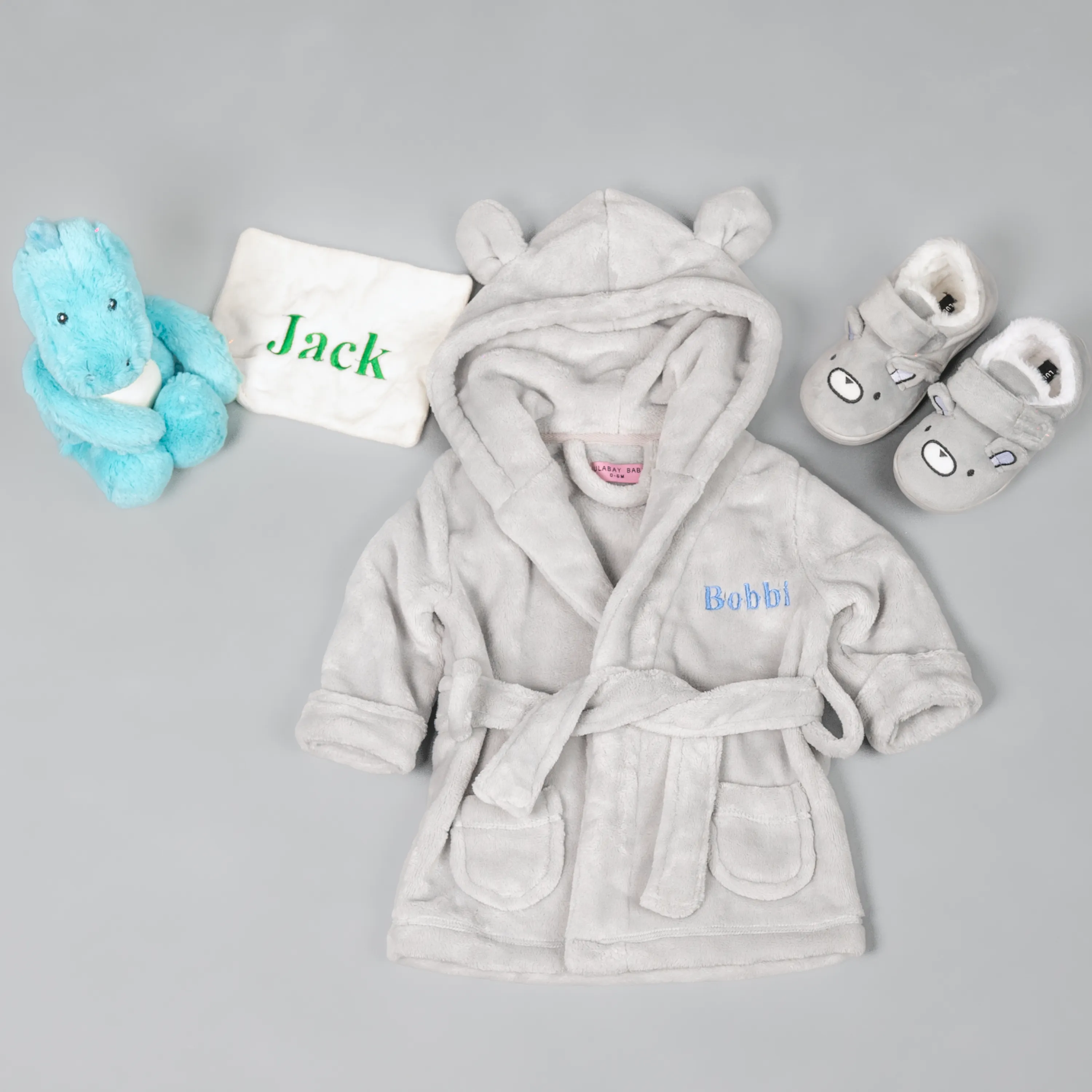Lulabay baby boys 3 piece personalised gown, slippers and dinosaur gift set