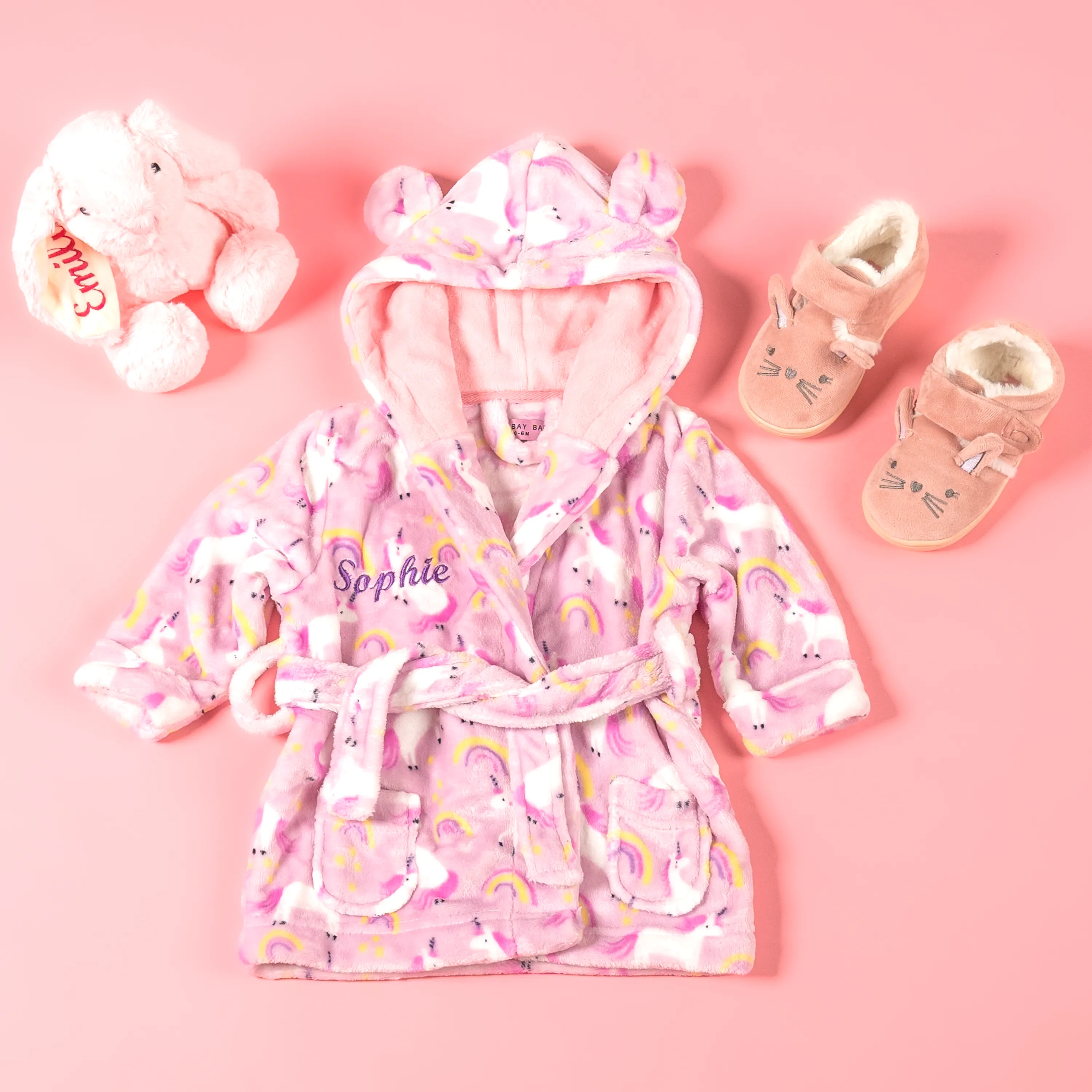Lulabay baby girls 3 piece personalised unicorn gown, slipper and bunny gift set