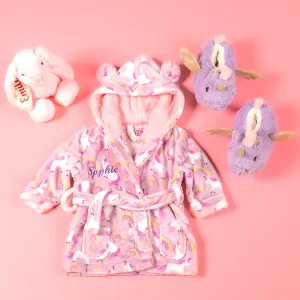 Lulabay girls 3 piece personalised unicorn dressing gown, slippers and bunny toy gift set
