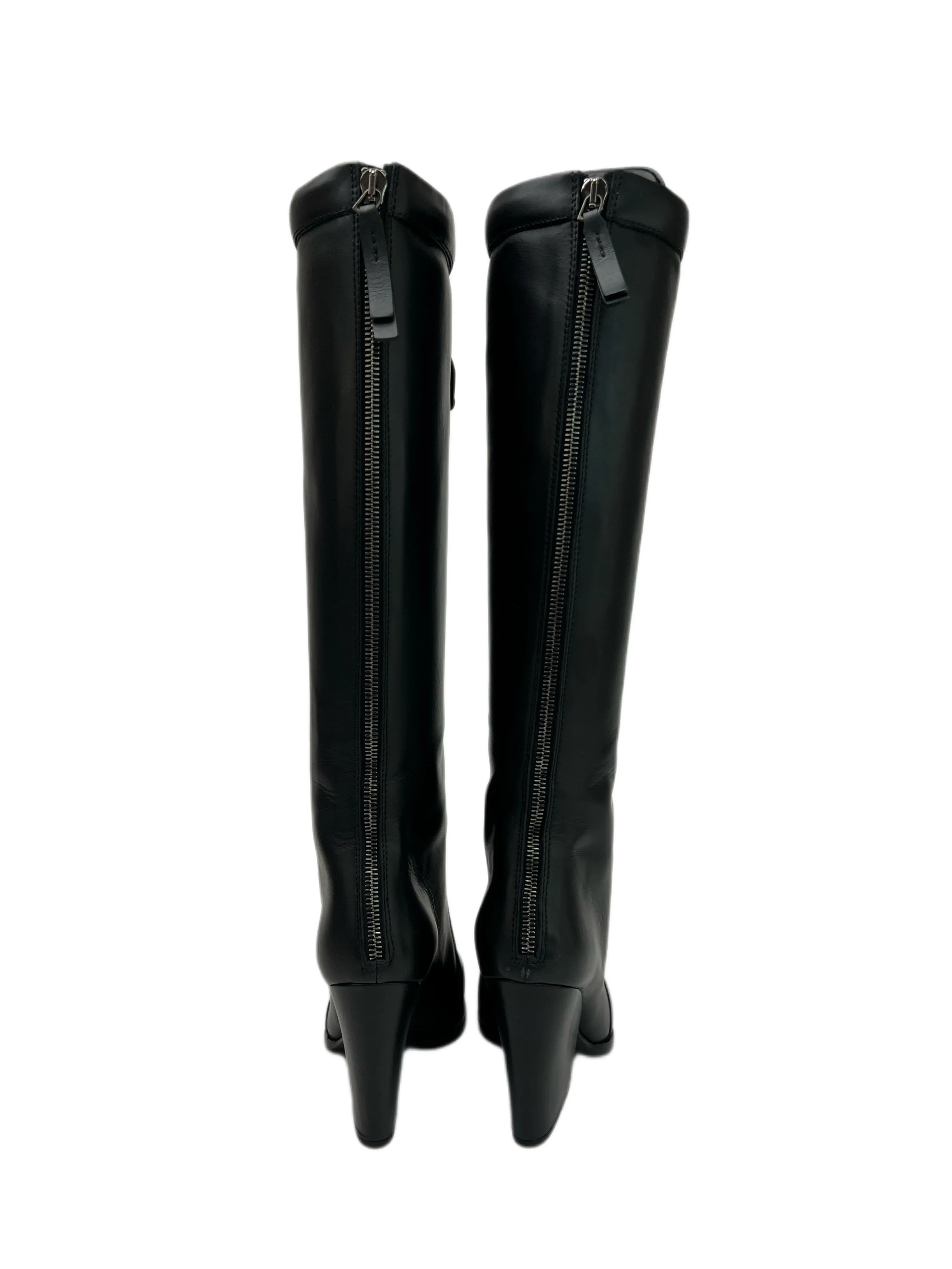 Max Mara Women's Nero Vkansas Leather Platform Heel Lace Up Knee Boots Sz 7 NWB