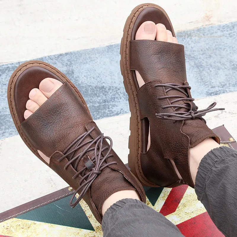 Mens Gladiator Sandals High Top Genuine Real Leather Lace Up Casual Shoes Roman Hollow Beach
