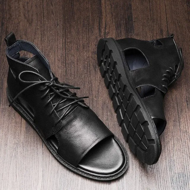 Mens Gladiator Sandals High Top Genuine Real Leather Lace Up Casual Shoes Roman Hollow Beach