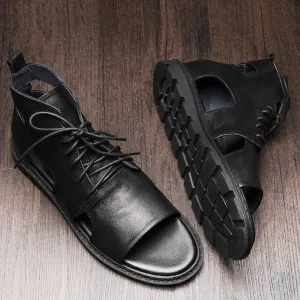 Mens Gladiator Sandals High Top Genuine Real Leather Lace Up Casual Shoes Roman Hollow Beach
