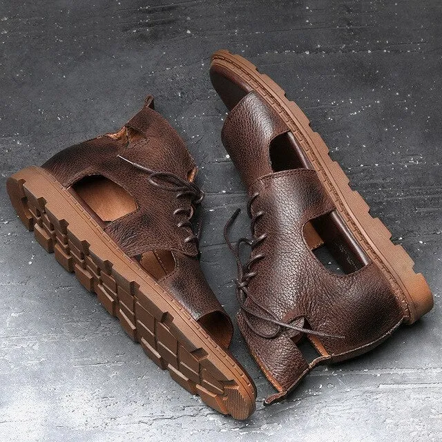 Mens Gladiator Sandals High Top Genuine Real Leather Lace Up Casual Shoes Roman Hollow Beach