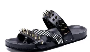 Men's Slippers flip flops Flat Rivet punk Fashion Outside non-slip Sewing Men Shoes Leisure cow leather Summer pantuflas