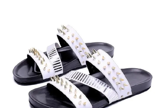 Men's Slippers flip flops Flat Rivet punk Fashion Outside non-slip Sewing Men Shoes Leisure cow leather Summer pantuflas