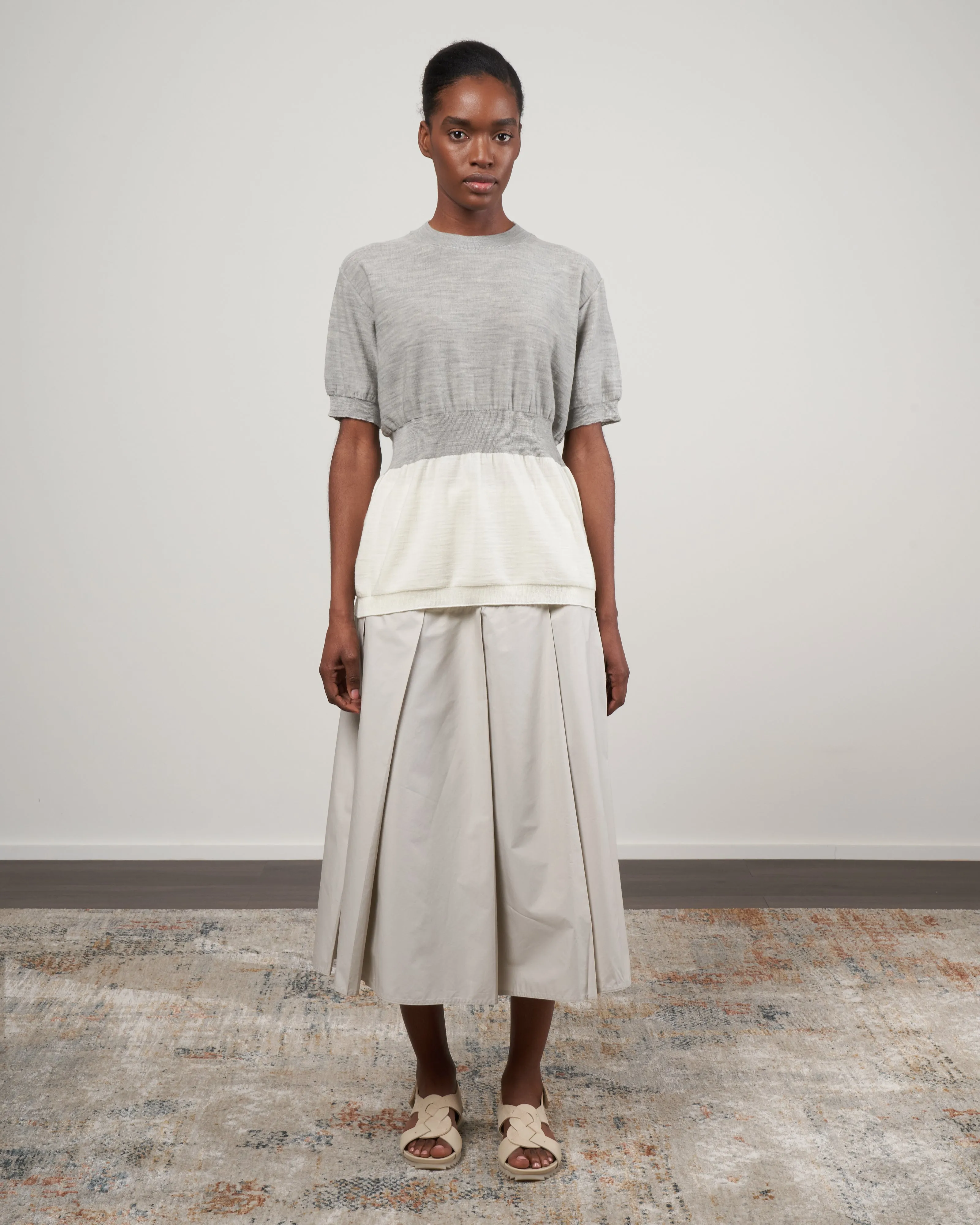 midy short sleeve sweater with hem - grey   white combination
