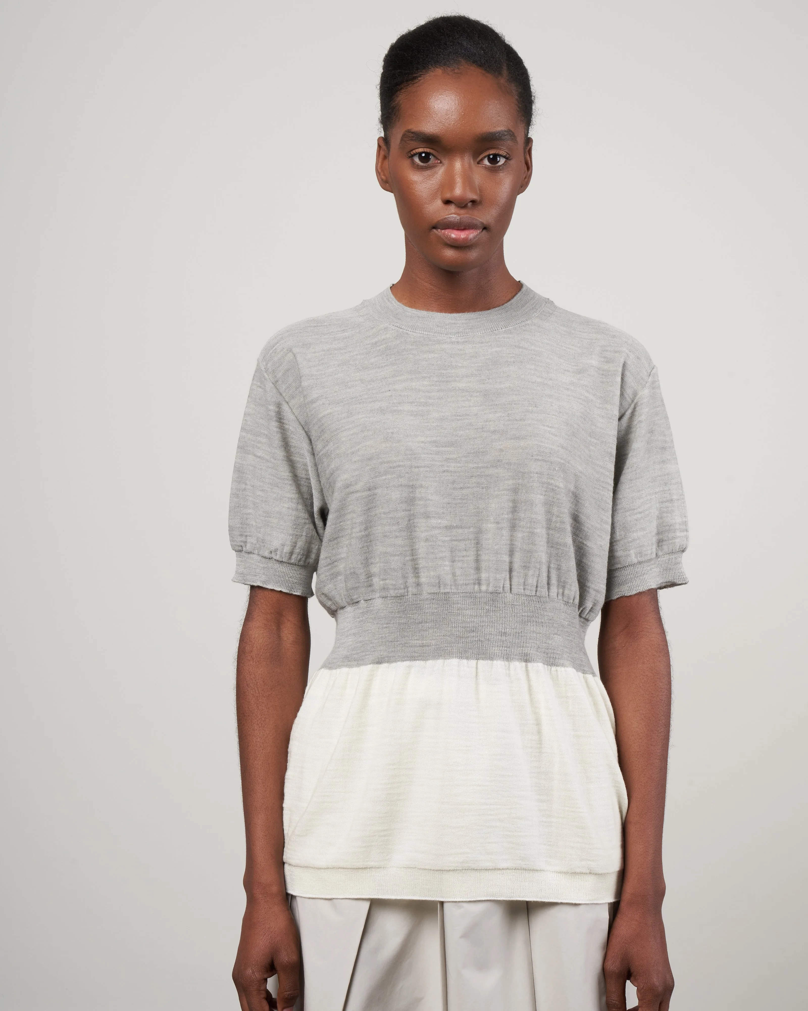 midy short sleeve sweater with hem - grey   white combination
