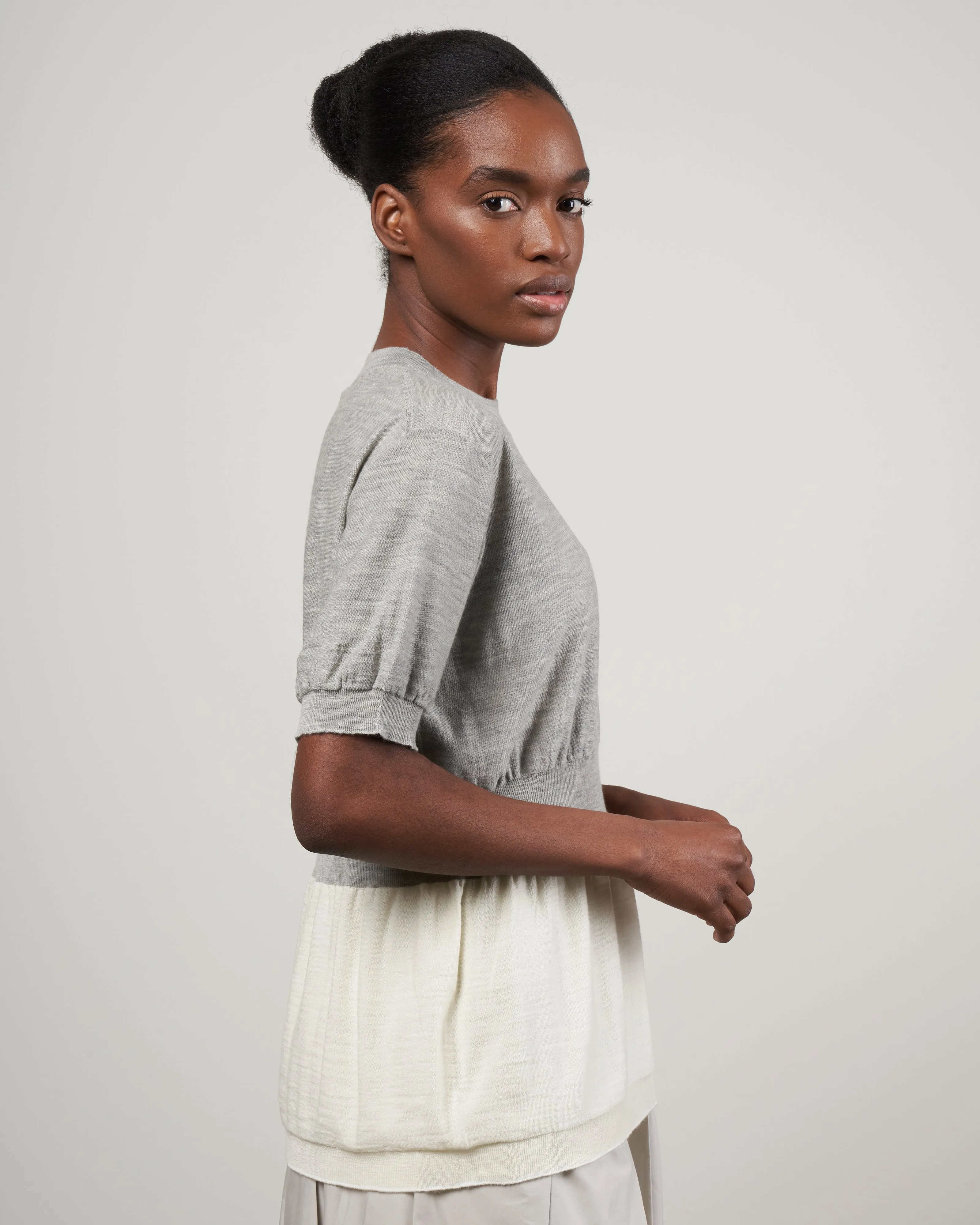 midy short sleeve sweater with hem - grey   white combination