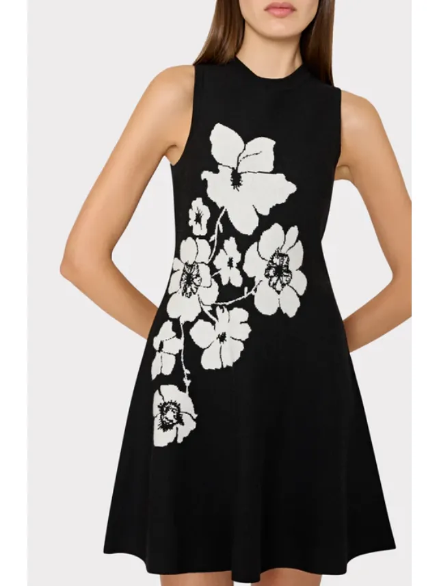 MILLY Floral Flare Knit Mini Dress in Black