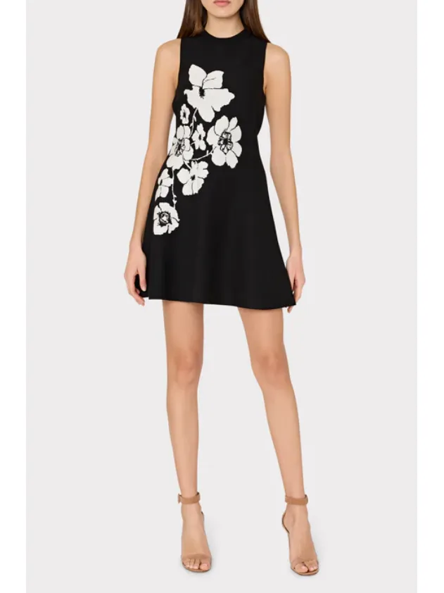 MILLY Floral Flare Knit Mini Dress in Black