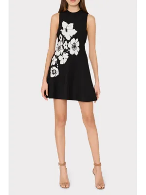 MILLY Floral Flare Knit Mini Dress in Black