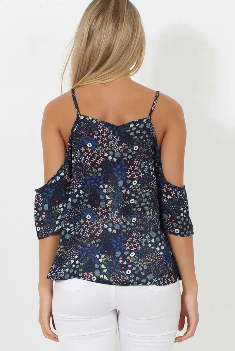 Navy Floral Pattern Cold Shoulder Top - Bellatrix