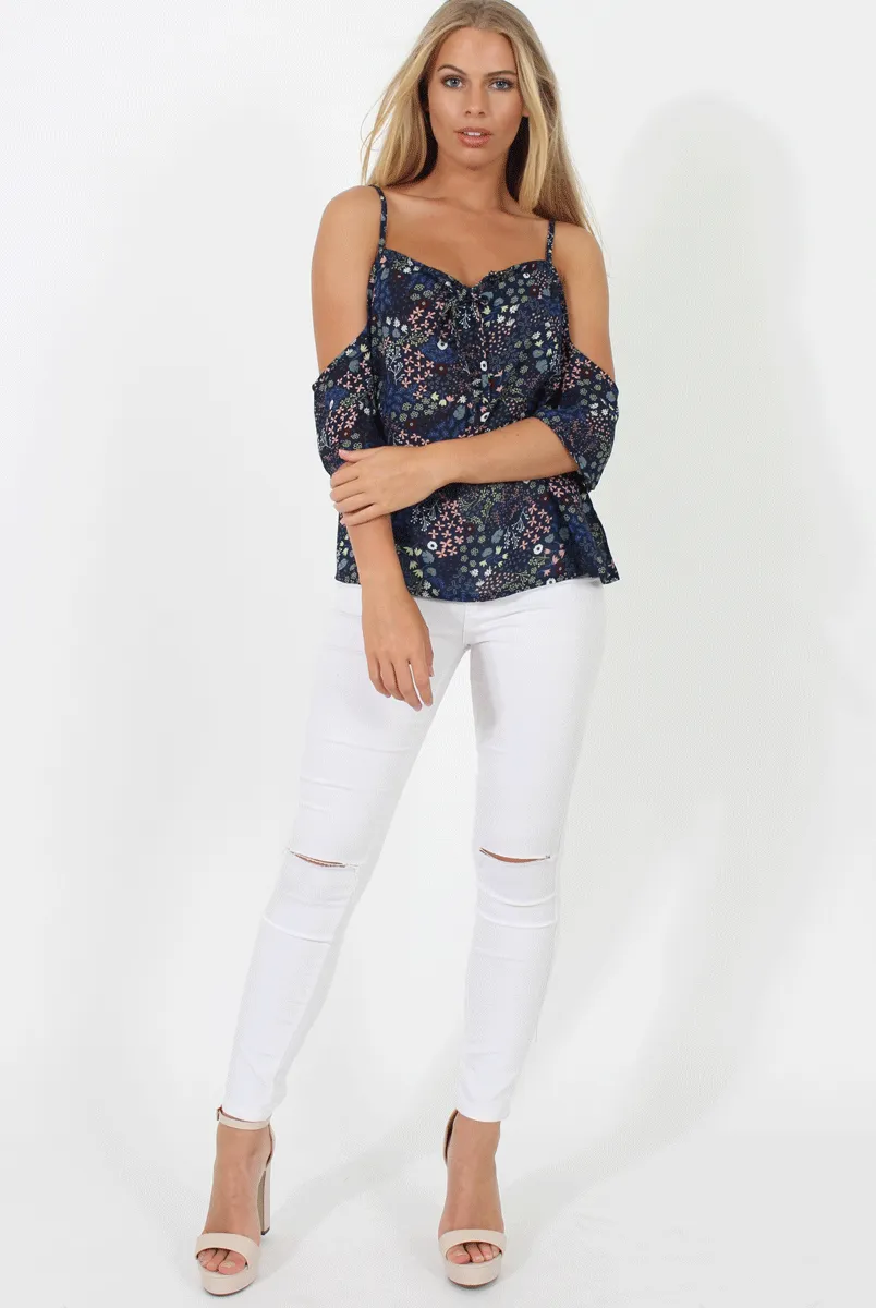 Navy Floral Pattern Cold Shoulder Top - Bellatrix