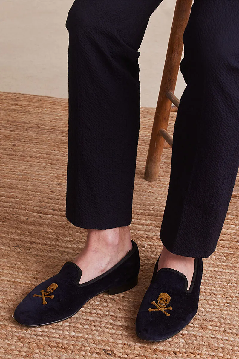 Navy Skull & Crossbones Velvet Slippers