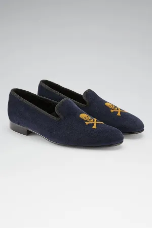 Navy Skull & Crossbones Velvet Slippers