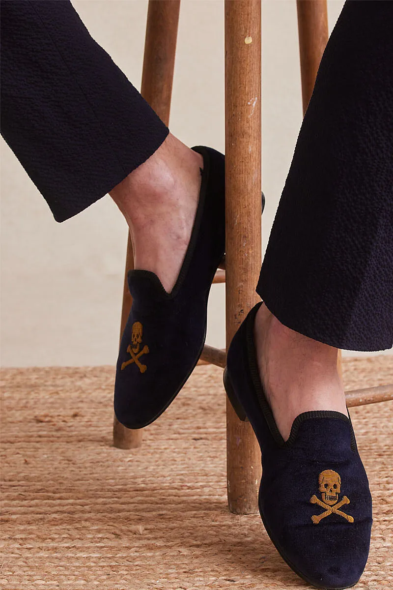 Navy Skull & Crossbones Velvet Slippers