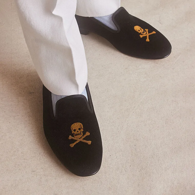 Navy Skull & Crossbones Velvet Slippers