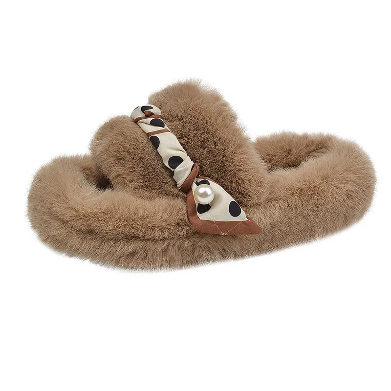 Net Red Plush Slippers Women Wear Autumn And Winter Korean Style Fashion One Word With Flat Bottom Large Size Slippers