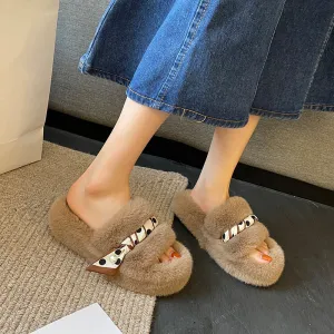 Net Red Plush Slippers Women Wear Autumn And Winter Korean Style Fashion One Word With Flat Bottom Large Size Slippers