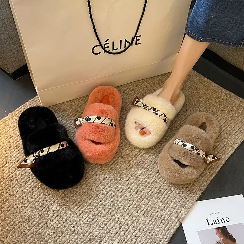 Net Red Plush Slippers Women Wear Autumn And Winter Korean Style Fashion One Word With Flat Bottom Large Size Slippers