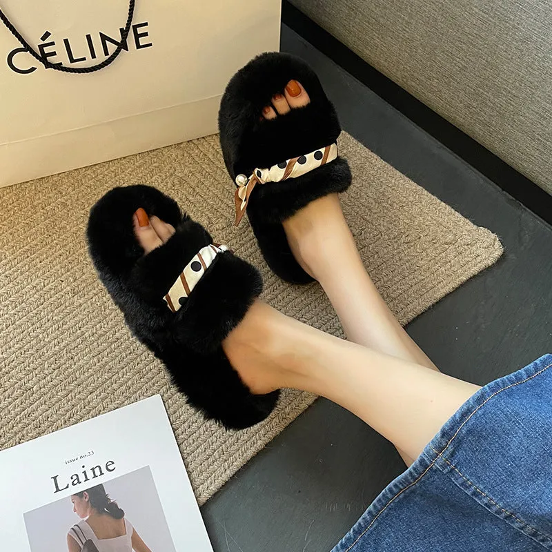 Net Red Plush Slippers Women Wear Autumn And Winter Korean Style Fashion One Word With Flat Bottom Large Size Slippers