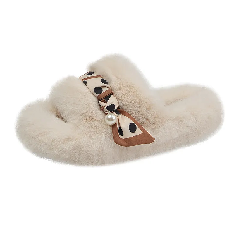 Net Red Plush Slippers Women Wear Autumn And Winter Korean Style Fashion One Word With Flat Bottom Large Size Slippers