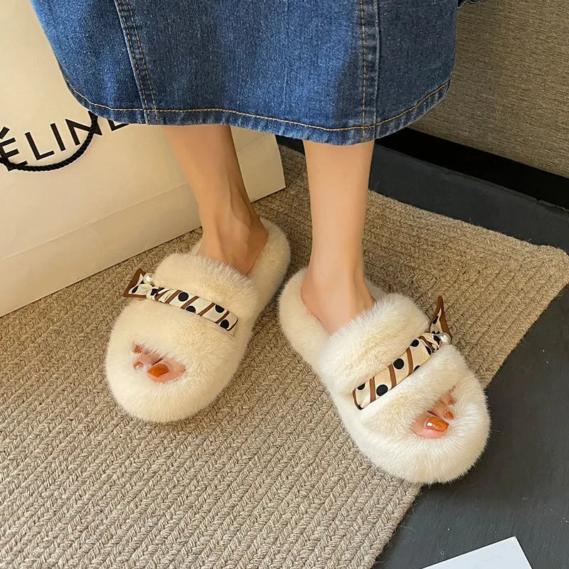 Net Red Plush Slippers Women Wear Autumn And Winter Korean Style Fashion One Word With Flat Bottom Large Size Slippers