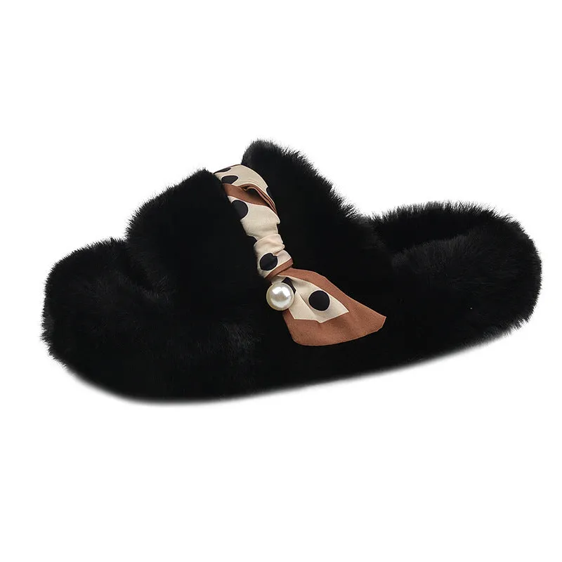 Net Red Plush Slippers Women Wear Autumn And Winter Korean Style Fashion One Word With Flat Bottom Large Size Slippers