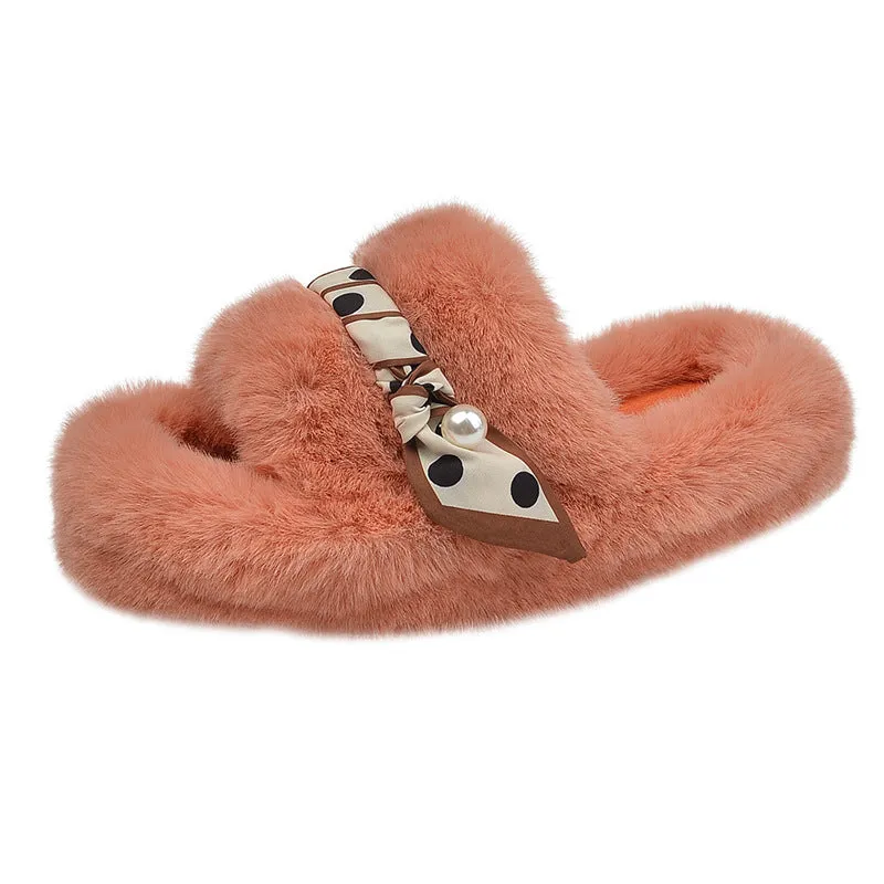 Net Red Plush Slippers Women Wear Autumn And Winter Korean Style Fashion One Word With Flat Bottom Large Size Slippers