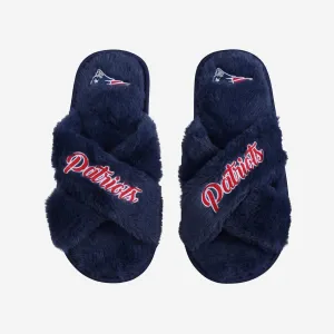 New England Patriots Womens Script Wordmark Fur Cross Slide